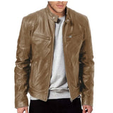 FOESCE Men's Faux Leather Jacket Autumn Fashion Solid Color Zipper Motorcycle Jacket Men's Casual Long Sleeve Zipper Button Jacket