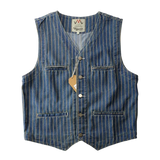 FOESCE Spring New Japanese Retro Denim Striped Cargo Vest Men's Fashion Pure Cotton Washed Sleeveless V-neck Multi-pocket Casual Coat