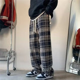 FOESCE New Men's Y2K Plaid Casual Baggy Trousers Autumn Korean Fashion Straight Woolen Pants Y2K Vintage Streetwear Pantalones Hombre