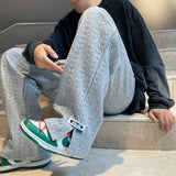 FOESCE Men High Street Sweatpants Fashion Loose Casual Side Slit Straight-Leg Pants Vintage Blue Jacquard Casual Bottoms Male Clothes