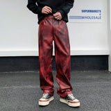 FOESCE Men Streetwear Fashion Hip Hop Punk Gothic Vibe Casual Straight Leather Pant Man Y2k Trousers Motorcycle Pants Stage Clothing