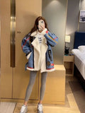 FOESCE Turn Down Collar Coats Patchwork Contrast Color Warm Thicken Lambswool Pockets Jackets Zipper All Match Elegant Vintage Tops
