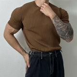 FOESCE Men Textured Stretch Training Knitted Short-Sleeved T-Shirt 2025 New Daily Sports Fitness Slim Fit Versatile Comfort Top For Men