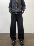 FOESCE 2025 Lace up wide leg jeans for men's autumn American hip-hop loose casual pants, trendy Instagram washed floor mop pants