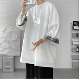 FOESCE  men t shirts Summer Men's T-shirts Women Oversized 2XL Korean Style Loose Plaid T-shirt Casual Seven sleeves T-Shirt Male White