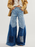 FOESCE Patchwork High Waist For Female Denim Pants Slimming Hit Color Wide-legged Colorblock Pocket Flares Trousers Fashion Streetwear