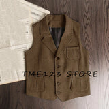 FOESCE Men's Retro Herringbone Pattern Vest Men's Suit Collar Vest Slim-fit Tweed Vest Wedding Vest Men