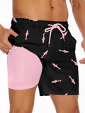 Men's Sharks Print Drawstring Shorts with Pockets, Casual, Double Layer, Summer Beach Sports