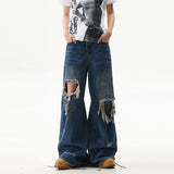 FOESCE American style distressed and distressed design, floor mopping jeans for men and women, loose high street straight leg casual