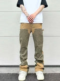 FOESCE European and American high street men's washed jeans retro personalized straight-leg splicing flared pants trendy denim trousers