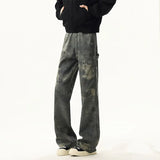 FOESCE NEW Jeans Leopard Personality design Pockets Wide Leg Jeans Male American Style High Street Denim Pants Classic Denim Trousers