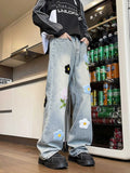 FOESCE 2025 American embroidered jeans men's summer loose straight leg trendy brand high street wide leg vintage long pants
