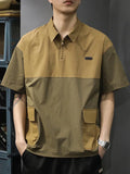 FOESCE Summer Men's Patchwork Half Zip Short Sleeve Polo T Shirt Casual Lapel Pocket Cargo Golf Wear High Street Fashion Polos Hombre