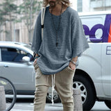 FOESCE Long Sleeve O-neck T-shirt Men's Casual Loose Top Thin Solid Color Men's Knitted Street Style Pullover T-shirt Men's Clothing