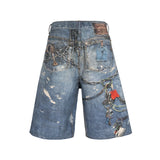FOESCE 3D Print Patchwork Baggy Jeans Shorts for Men Streetwear New Summer Wide Leg Patchwork Casual Loose Knee Length Pants Oversized