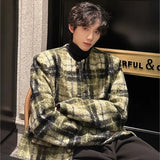FOESCE Men's Tweed Plaid Blazers Cardigan Autumn Winter Trend Collarless Short Jacket Fashion Green Korean Style Chic Elgance Coat