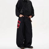 FOESCE Scottish Plaid Splicing Arc Wide Baggy Jeans Y2k Spring and Autumn New Streetwear Washed Oversized Straight Wide Leg Jeans 2025