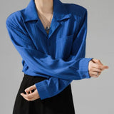 FOESCE Solid Notched Neck Texture Shirt Sunscreen Blue White Spring Summer Long Sleeve Pocket Mens Blouse'