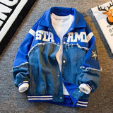 American retro denim stitching fashion embroidered jacket men's 2024 spring and autumn baseball uniform personalized trendy top