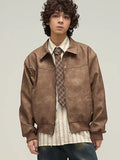 Retro Leather Jacket Men's Spring Autumn New Casual Oversize Loose Fashion Simple Versatile Solid Lapel Zipper Pocket Coat