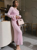 FOESCE Spring Autumn O-Neck Elastic Knit Long Dresses Women 2025 Elegant Chic Soft Lady Hollowing Sweater Dresses Femme New