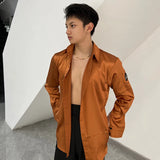 FOESCE Satin Latin Dance Shirts For Men Long Sleeves Practice Dance Clothes White/Black/Navy/Brown/Green Ballroom Dance Tops DNV17466