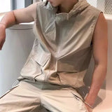 FOESCE Mens Y2k Functional Multi-Pocket Casual Hooded Vest 2025 New Genderless Fashion Loose Solid Color Sleeveless Tank Top Unisex