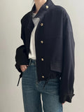 FOESCE FSMG Women's Casual Jacket,Autumn Korean Style Stand Collar, Comfortable Loose Fit Solid Color, Short Jacket with Drawstring Hem