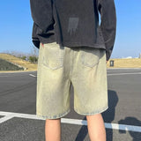 FOESCE Men Basic Loose Outdoor Sports Casual Shorts Male Daily Knee Lenght Denim Short Pants Straight Wide Leg Wash Summer Short Jeans