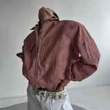 FOESCE Mens Autumn Winter American Street Retro Distressed Suede Jacket Gender-Neutral Short Loose Casual Trend Biker Jacket Unisex
