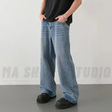 FOESCE Spring Autumn Men's New Denim Pants Old Blue Washed Casual Jeans Menwear Loose New Fashion contrasting color Wide Leg Trousers
