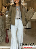 FOESCE TRAFZA Casual Soft Bomber Jackets Women Long Lantern Sleeve Oversized Spring Summer Coats Fashion 2025 Streetwear Zipper Outwear