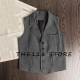 FOESCE Men's Retro Herringbone Pattern Vest Men's Suit Collar Vest Slim-fit Tweed Vest Wedding Vest Men