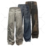 FOESCE Gothic Punk Style Scratched Washed Baggy Jeans Men Y2K Harajuku Retro Loose Casual Straight Pants High Street Fashion Streetwear