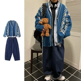 FOESCE Loose Knitted Sweater Set Men Women Vintage Patchwork Sweater Cardigan +High Street Wide Legs Loose Lantern Jeans Two-piece Sets