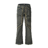 FOESCE Mens Streetwear Y2k Heavy Craft Washed Flared Jeans Hip Hop Distressed Denim Pants Women Slim Straight Tassel Jeans Raw Edge
