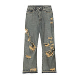 FOESCE STUDIOS 2025 Summer New Korean Edition Personalized Straight Barrel Broken Hole Beggar Casual Jeans men's for Men streetwear