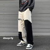 FOESCE Spring Autumn New Contrast Color Elastic Waist Fashion Straight Pants Man High Street Loose Cotton Pocket Drawstring Trousers
