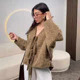 FOESCE Luxury Women Autumn Winter Tweed Jacket Urban Coat V-neck Lace-up New Loose Casual Solid Jacket Design Outerwear Lady's Tops New