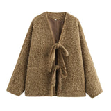 FOESCE Luxury Women Autumn Winter Tweed Jacket Urban Coat V-neck Lace-up New Loose Casual Solid Jacket Design Outerwear Lady's Tops New