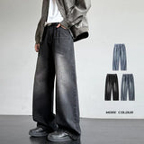 FOESCE Autumn Jeans Men'S Retro Loose Curved Pants Fashion Mid Waist Pants Black Jeans Casual Straight Leg Pants Wide Leg FleecePants