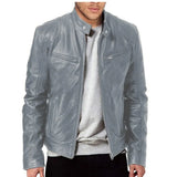 FOESCE Men's Faux Leather Jacket Autumn Fashion Solid Color Zipper Motorcycle Jacket Men's Casual Long Sleeve Zipper Button Jacket