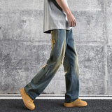FOESCE 2025 Washed old torn jeans, men's summer American style street ruffians, handsome pants, trendy high street straight pants