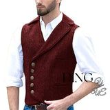 FOESCE Men's 5 Button Herringbone Tweed Waistcoat Tailored Collar Suit Vest