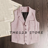 FOESCE Men's Retro Herringbone Pattern Vest Men's Suit Collar Vest Slim-fit Tweed Vest Wedding Vest Men