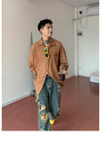 FOESCE American vibe style pants, high street trendy brand, yellow mud dyed washed distressed jeans, men's retro street wide leg long p
