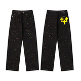 2024 Spring Summer Croce Heart Stickers Cross Legs Micro Flared High Craft Jeans Casual Scene Straight Leg Denim Pants