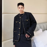 Winter Autumn Menswear Chic Weave Tweed Coat Cardigan Jacket Men's New Loose Round Neck Single Breasted Thick Jacket 2D1134