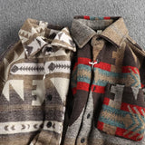FOESCE Heavy vintage tribal pattern woolen fabric long sleeve shirt men's autumn and winter thick warm American casual coat