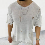 FOESCE 2025 Summer New Men's Solid Color Sweater Round Neck Short Sleeve Hollow-out Pullover Sweater Top Shirts